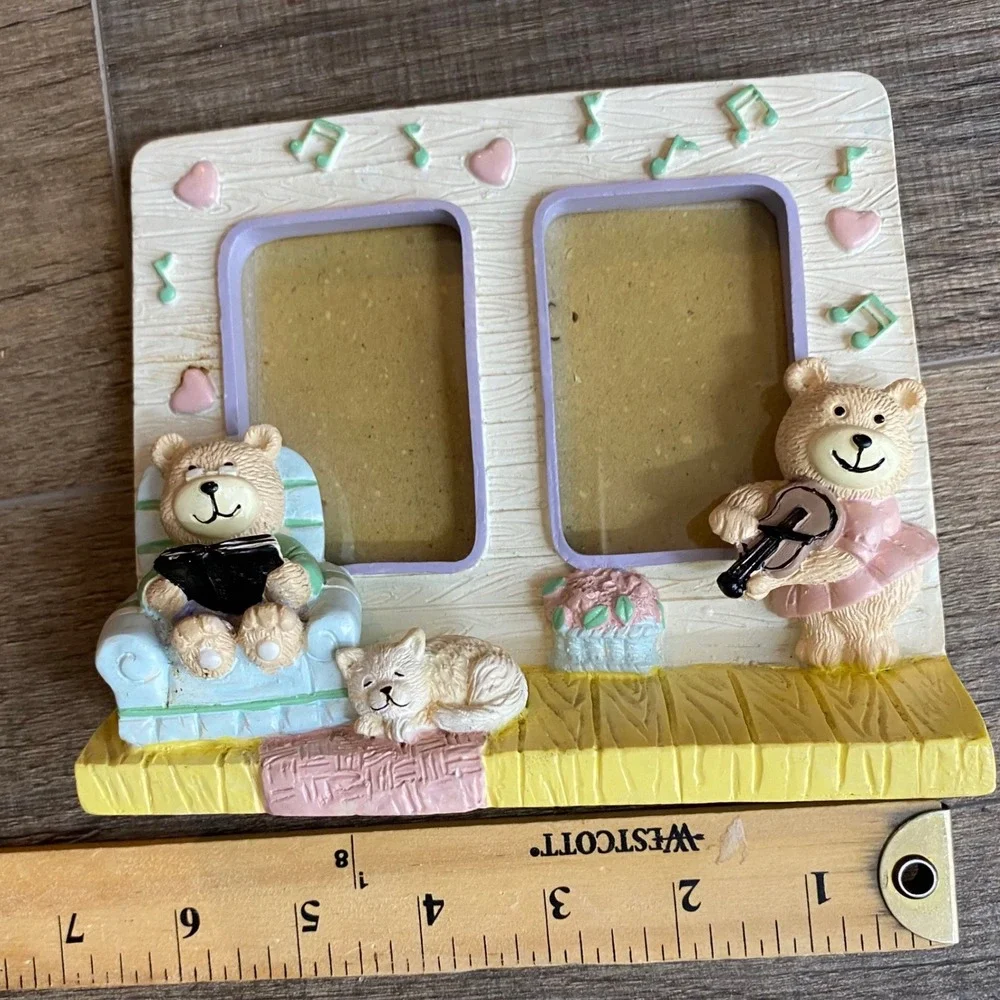 Vintage Style Teddy Bear Resin Double Photo Frame Music Theme Pastel, Cat